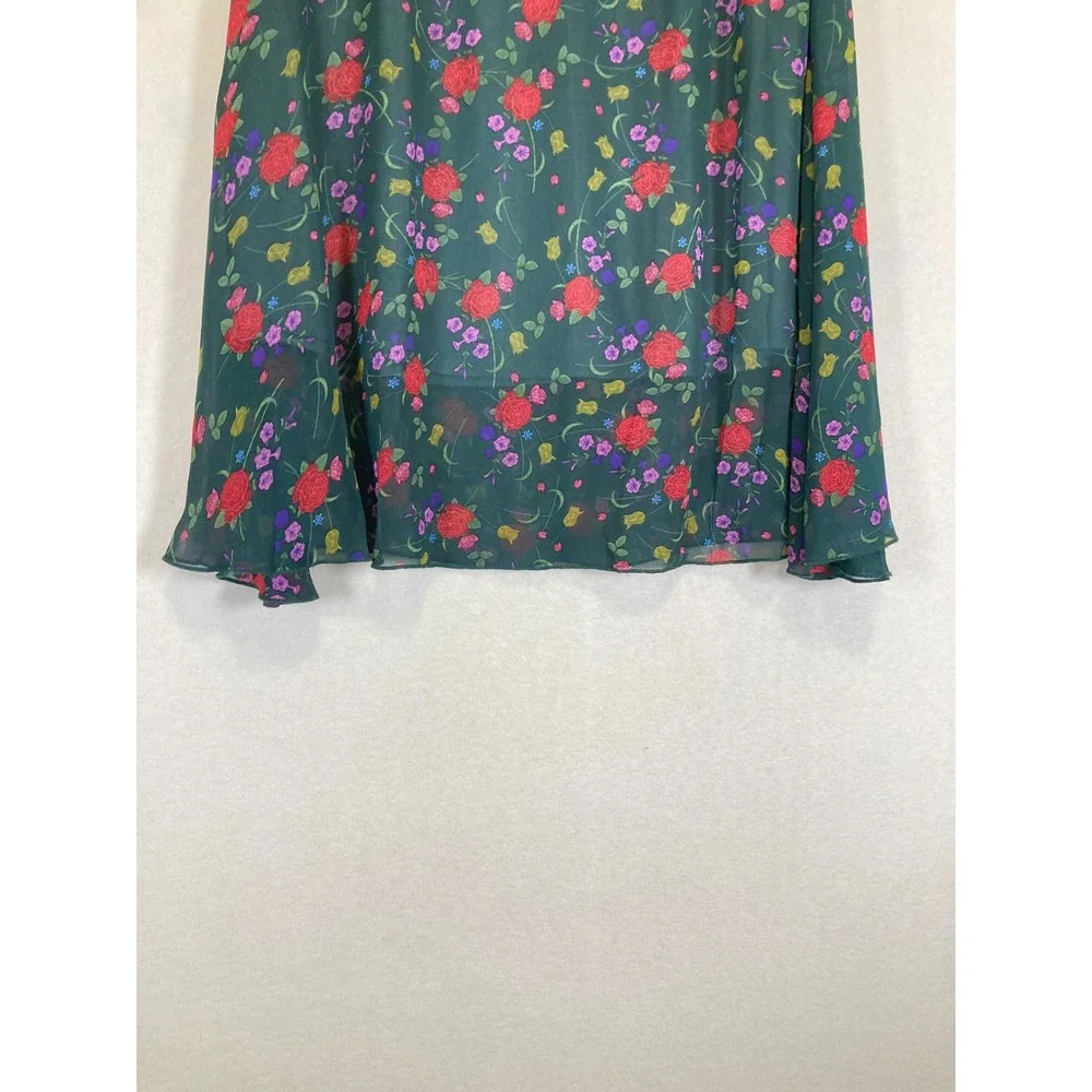 Cottagecore LuLaRoe Women Medium‎ Green Floral Rose Chiffon Lined Midi Skirt